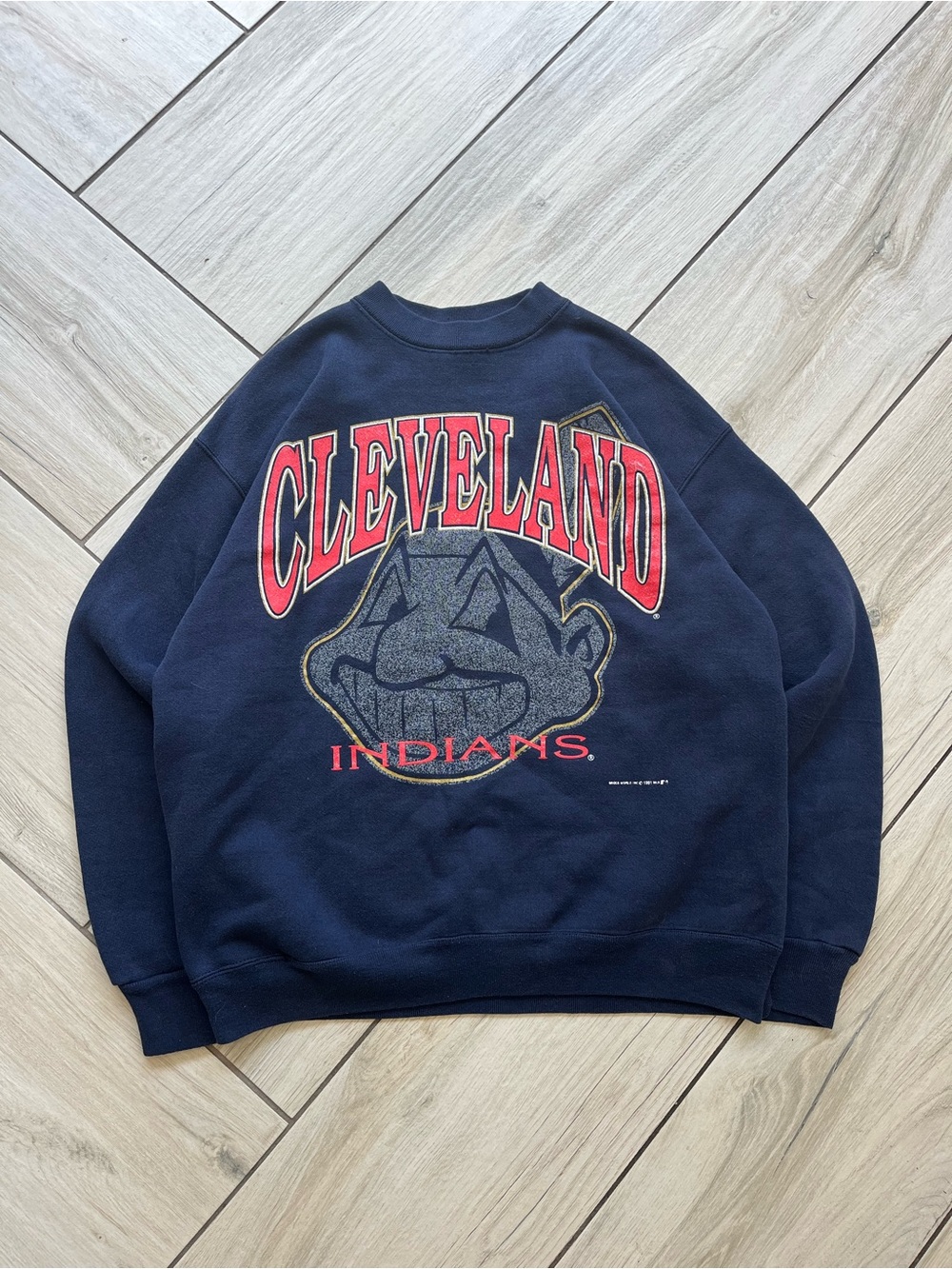 Vintage 1991 Cleveland Indians Navy Graphic Crewneck Sweatshirt